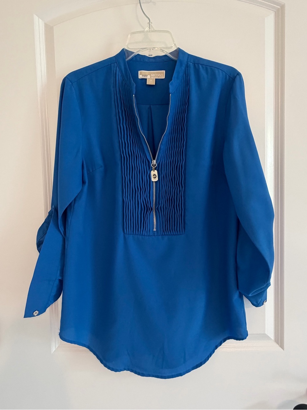 Michael Kors Cobalt Blue Pleated Zip-Front Blouse